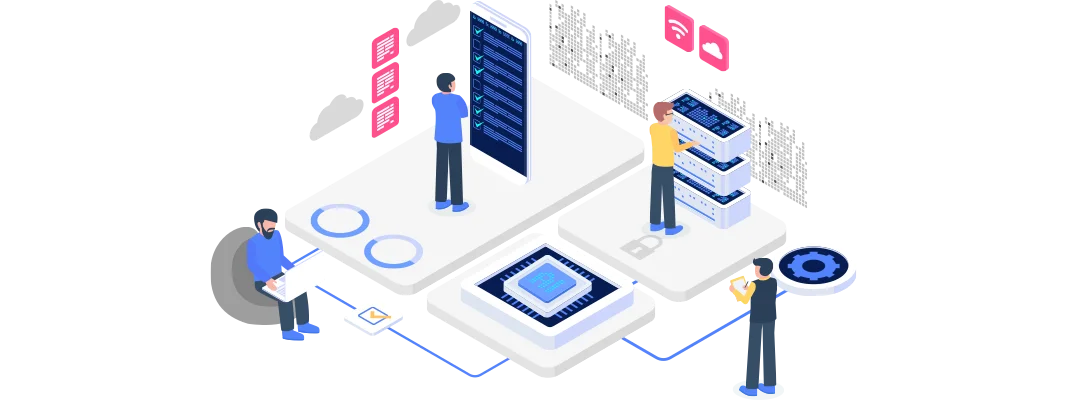 an illustration depicting a collaborative workspace with multiple individuals engaging in data tasks, featuring a central processing unit and various screens, emphasising automation and workflow management.