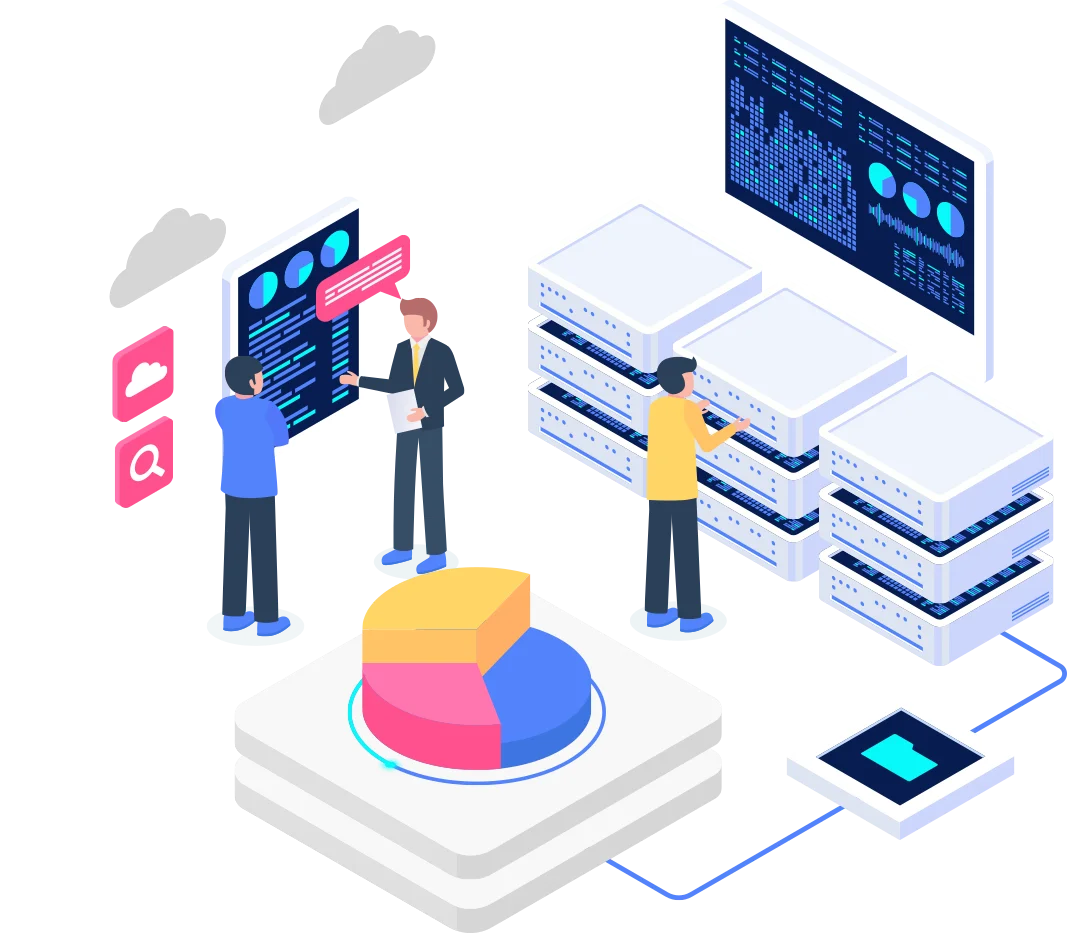 an illustration of two professionals discussing data insights in front of a digital dashboard while a third individual analyses a pie chart on a data server setup