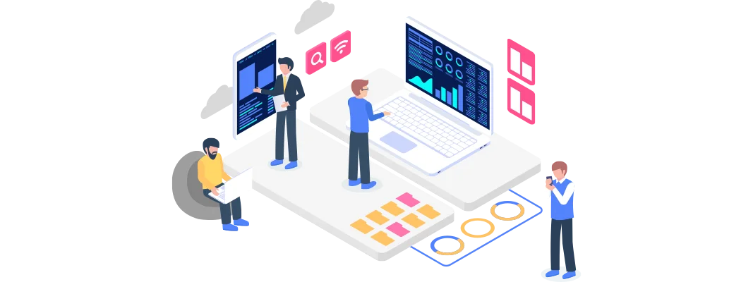 an illustration of a collaborative workspace where several professionals engage with various digital interfaces and analytics tools while surrounded by visual data representations
