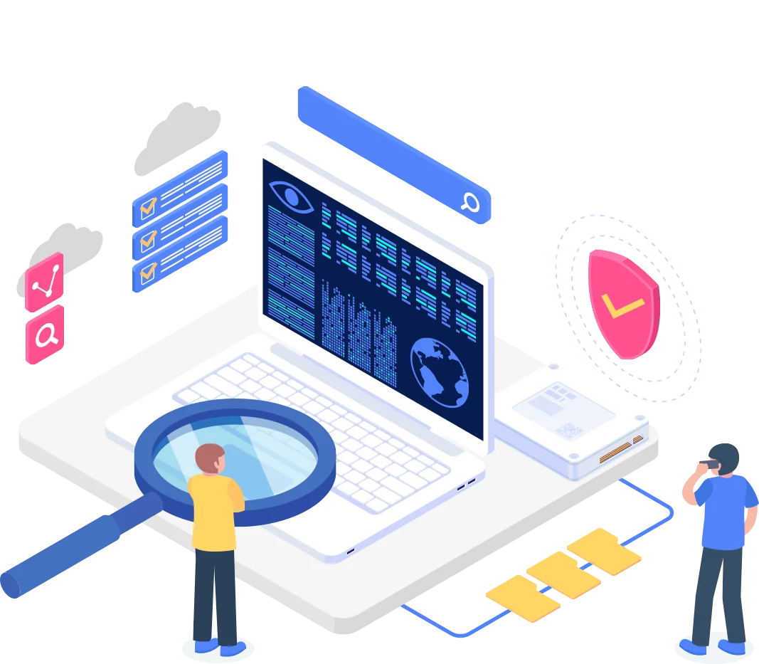 an illustration of a computer displaying system monitoring data, with individuals using a magnifying glass for analysis and icons indicating task completion and alerts.