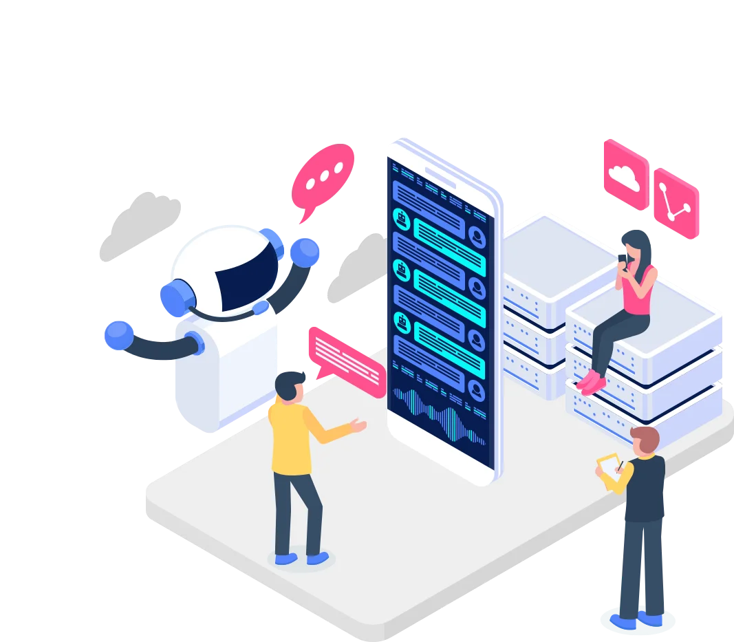 an illustration of a conversational AI robot interacting with users, showcasing real-time messaging and data processing in a modern digital environment.