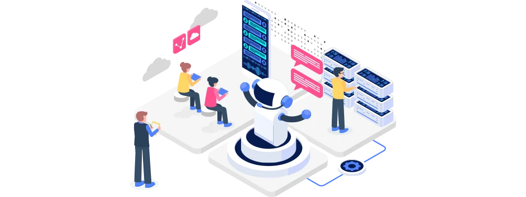 an illustration of a futuristic AI-driven system with multiple users engaging through various devices, highlighting the collaborative and responsive nature of conversational AI technology.