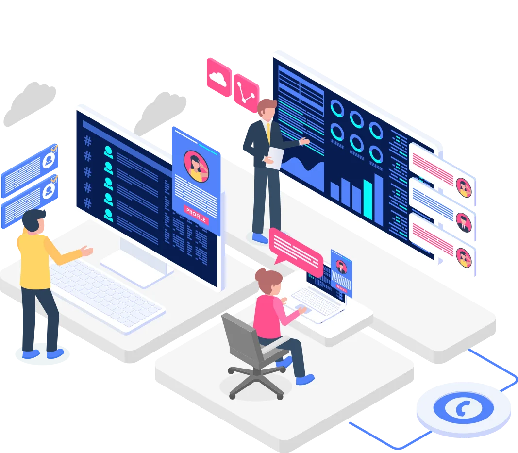 an illustration of a contact centre operational interface featuring a user interacting with multiple screens, showcasing customer profiles, performance metrics, and communication tools to enhance agent efficiency.