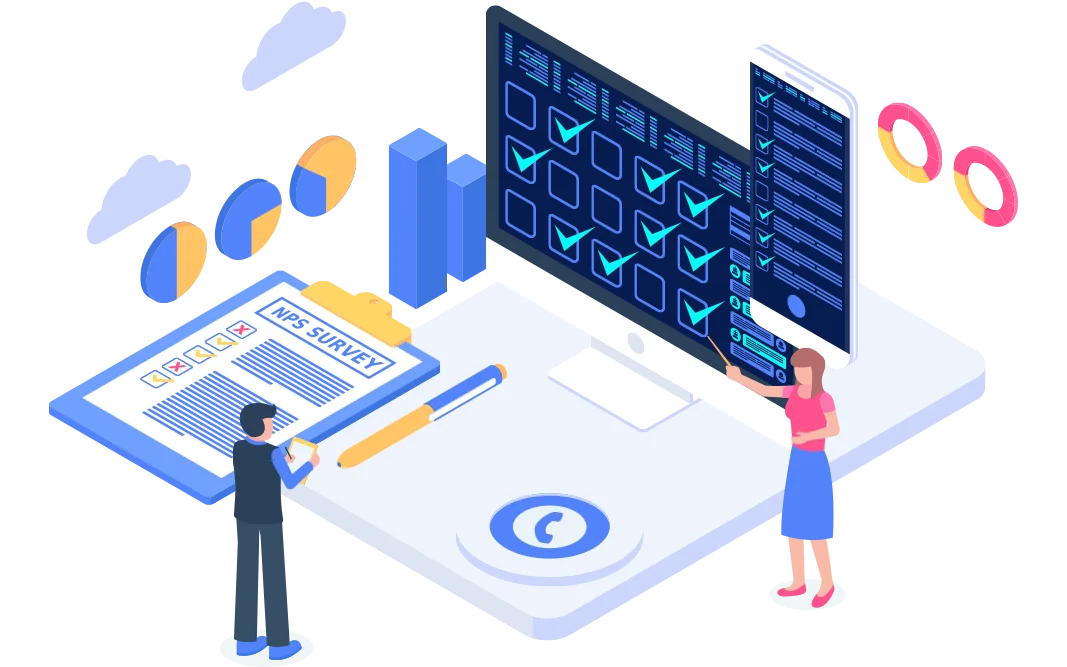 an illustration depicting a user conducting analysis of NPS survey results, surrounded by bar graphs, pie charts, and a smartphone displaying customer feedback data, emphasising the importance of real-time performance insights.