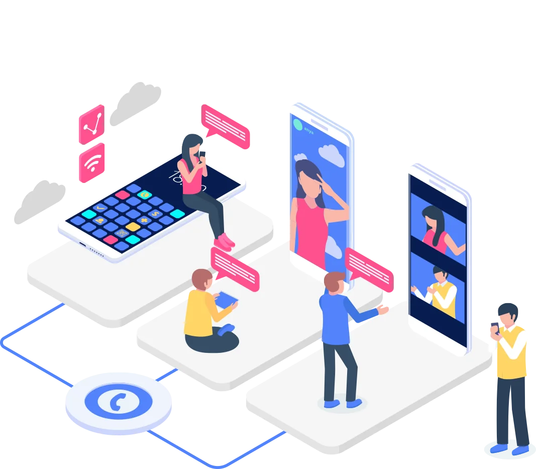 an illustration depicting users engaging in various VoIP communication activities, with individuals interacting via smartphones and receiving real-time presence information.