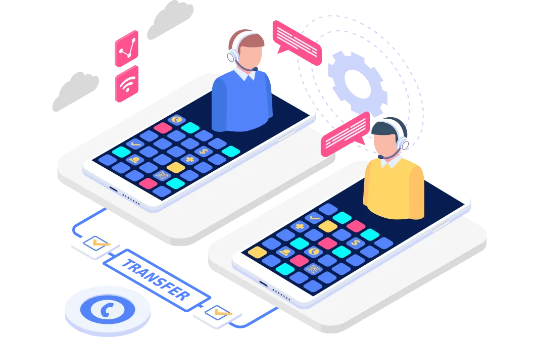 an illustration showcasing a call transfer functionality between two individuals using headsets on their smartphones, emphasising the seamless communication experience enabled by advanced VoIP services.