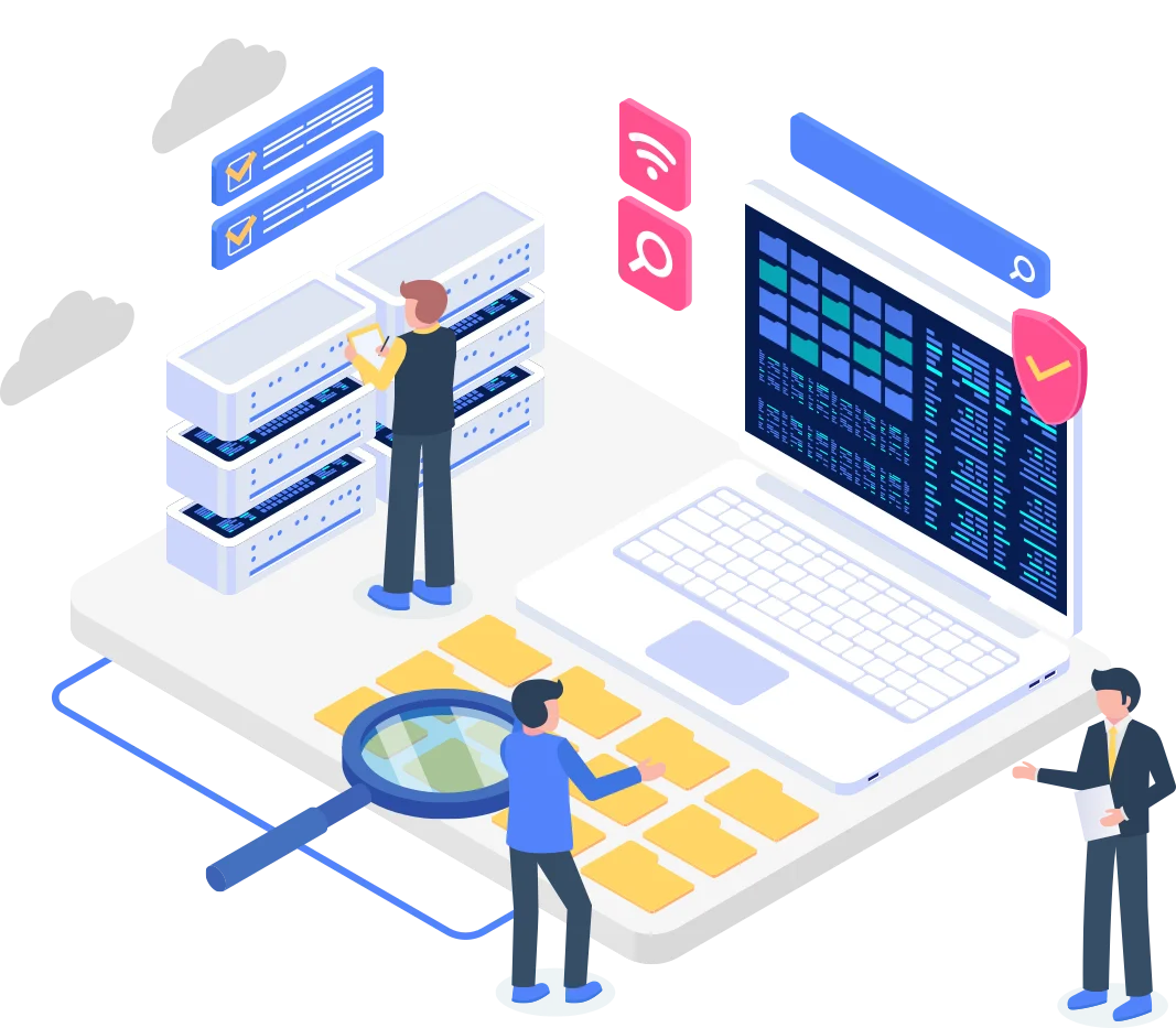 an illustration of a diagnostic platform showcasing individuals interacting with servers and a laptop, highlighting seamless integration in a telecommunications environment.