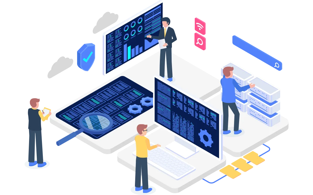 an illustration depicting multiple individuals engaged with various computing elements, demonstrating advanced diagnostics and performance analysis in a unified system interface.