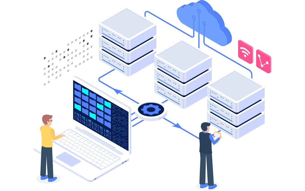 an illustration of a scalable network system, featuring cloud integration and multiple servers, with individuals interacting with a computer interface to optimise data flow and service availability.