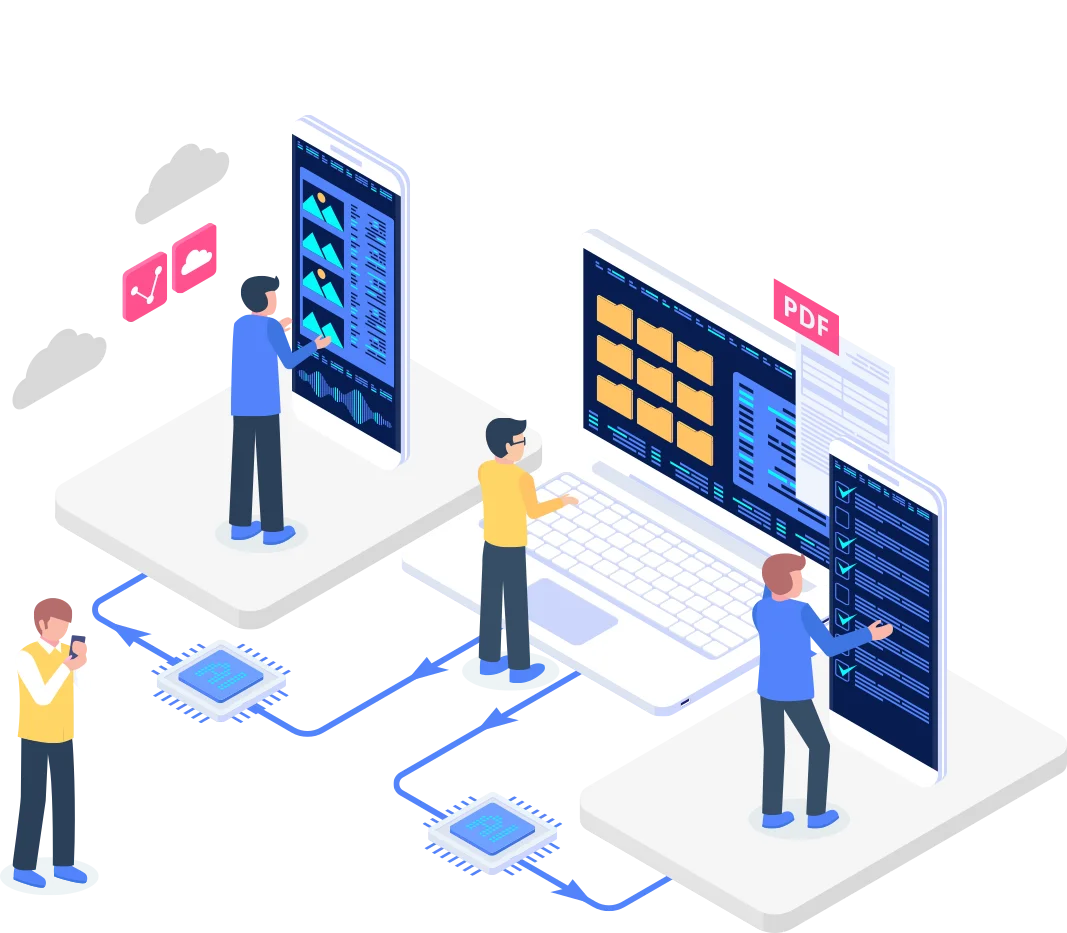an illustration depicting multiple individuals interacting with digital devices, showcasing data visualisation, automated report generation, and streamlined workflows in an on-site job automation environment.