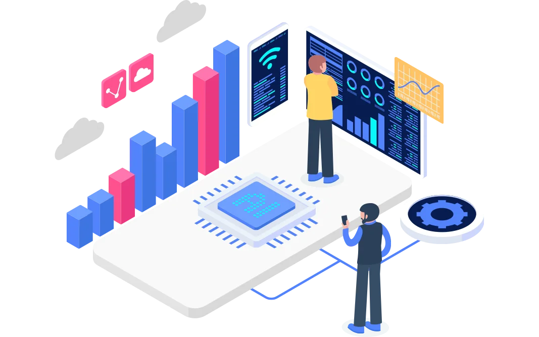 an illustration featuring individuals engaging with analytics and performance metrics on screens, emphasising data-driven decision-making and enhanced operational efficiency through technology integration.