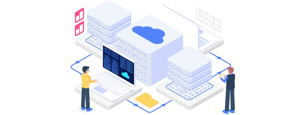 an illustration depicting two professionals engaged in a collaborative environment, with cloud storage and server systems prominently featured, symbolising the intricate processes involved in network migration