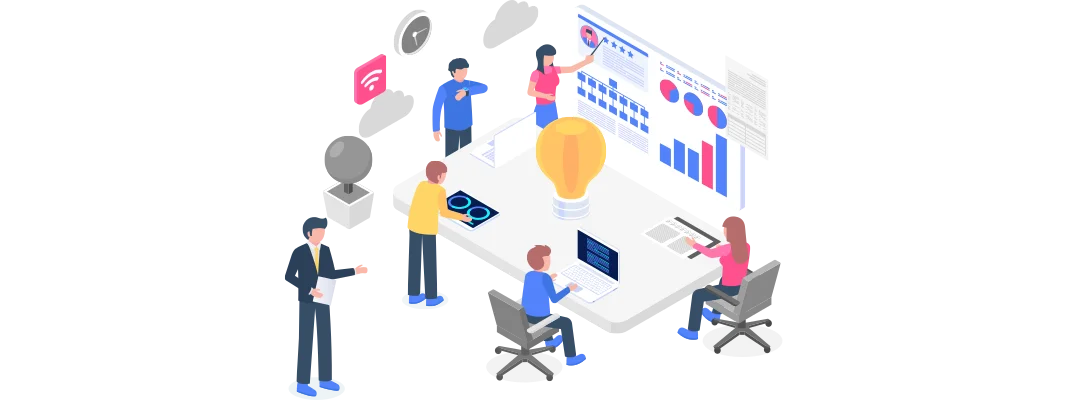an illustration depicting a collaborative workspace where team members are engaged in discussions and presenting data on digital screens, facilitating the development of innovative solutions.