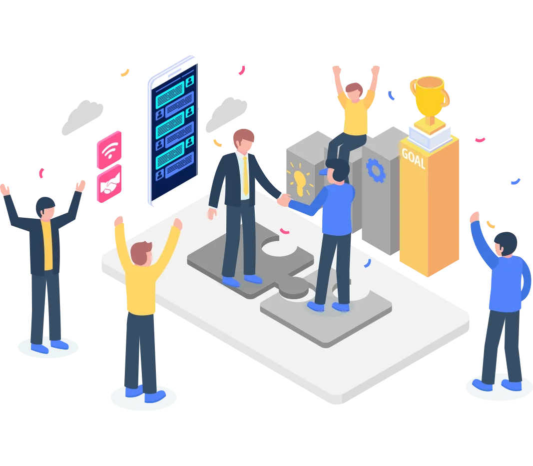 an illustration illustrating a celebratory atmosphere where team members are successfully achieving goals, symbolising collaboration and the attainment of shared business objectives.
