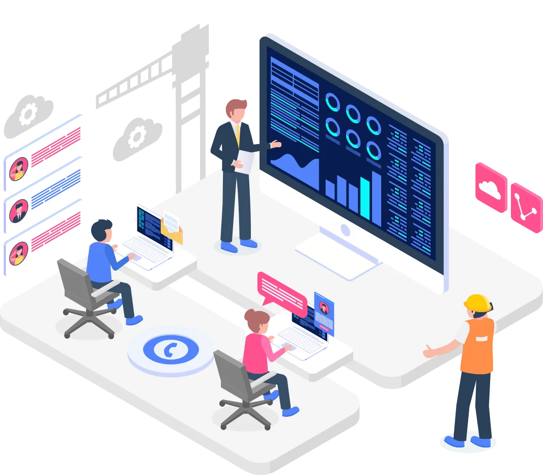 an illustration of an omnichannel contact centre setup, featuring multiple agents engaged with various digital interfaces while a manager presents data on a large screen