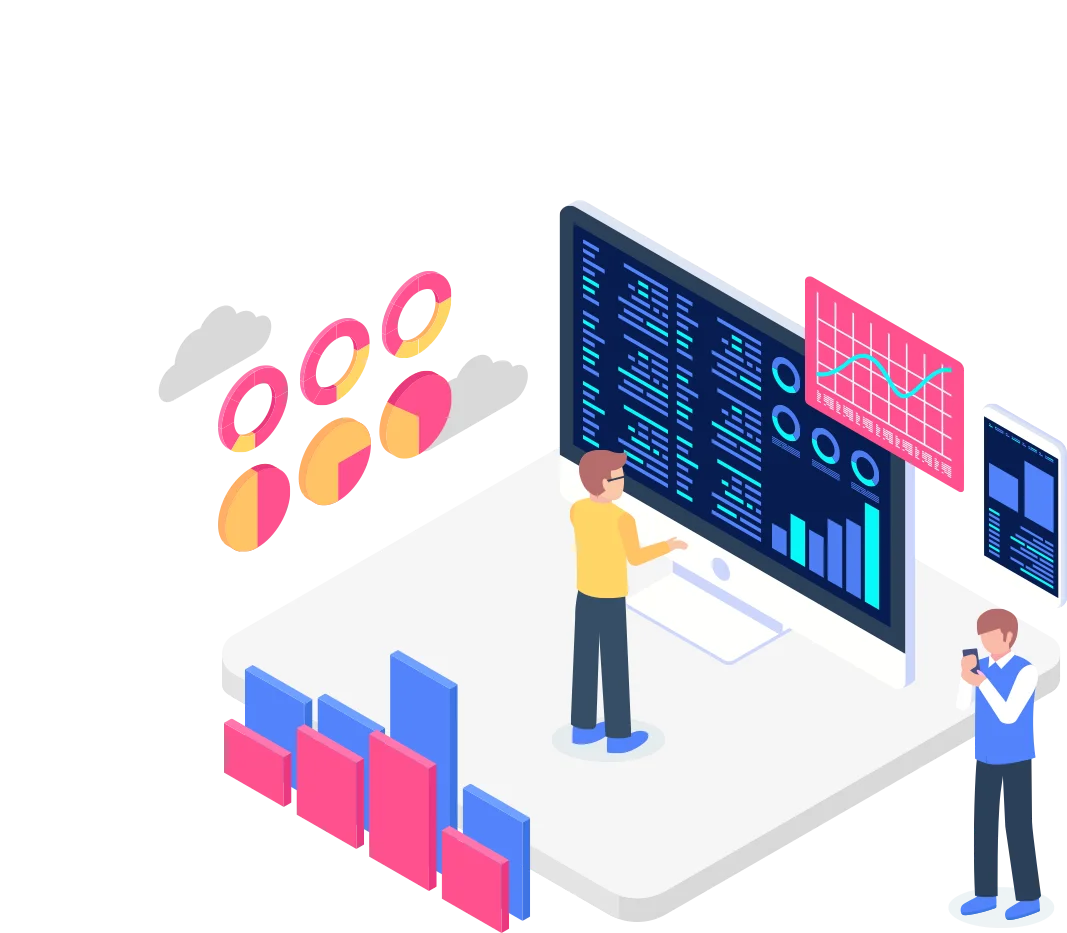 an illustration of a person interacting with a large analytics screen displaying various data visualisations and metrics, accompanied by graphical elements representing trends and analysis.