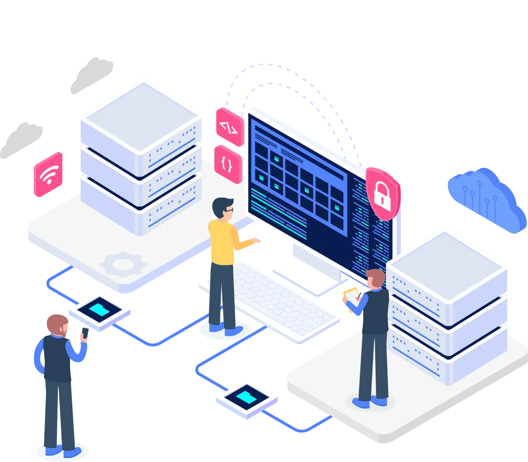 an illustration of a technological environment featuring servers, a computer screen displaying data, and two individuals interacting with the systems, highlighting the concept of API and middleware integration.