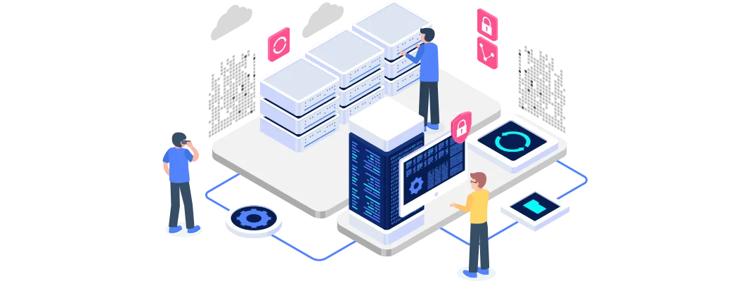 an illustration illustrating a collaborative work environment where individuals are engaging with servers and digital devices, featuring security symbols and data flow icons to highlight the themes of legacy system improvement and integration.