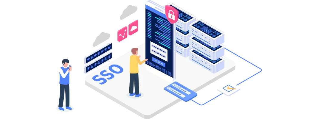 an illustration showcasing a Single Sign-On (SSO) interface that highlights user authentication, featuring a central panel with passwords, server stacks, and security indicators