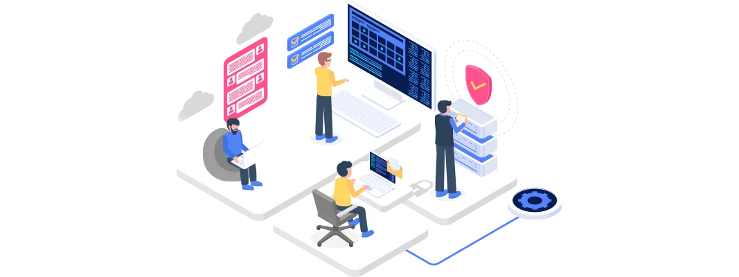 an illustration of a diverse group of technicians managing IT tasks, with one person interacting with a server and two others using laptops, showcasing the comprehensive support and monitoring capabilities in a professional environment.