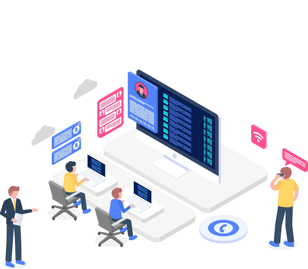 an illustration depicting a technical support team working collaboratively at computers, with various digital communication overlays indicating active problem-solving and support interaction.