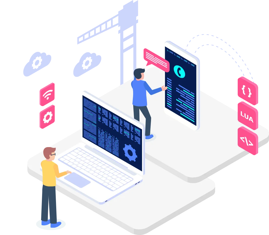 an illustration of two individuals, one engaged in coding on a laptop while the other interacts with a smartphone displaying communication software, with icons representing cloud services and connection settings in the background.